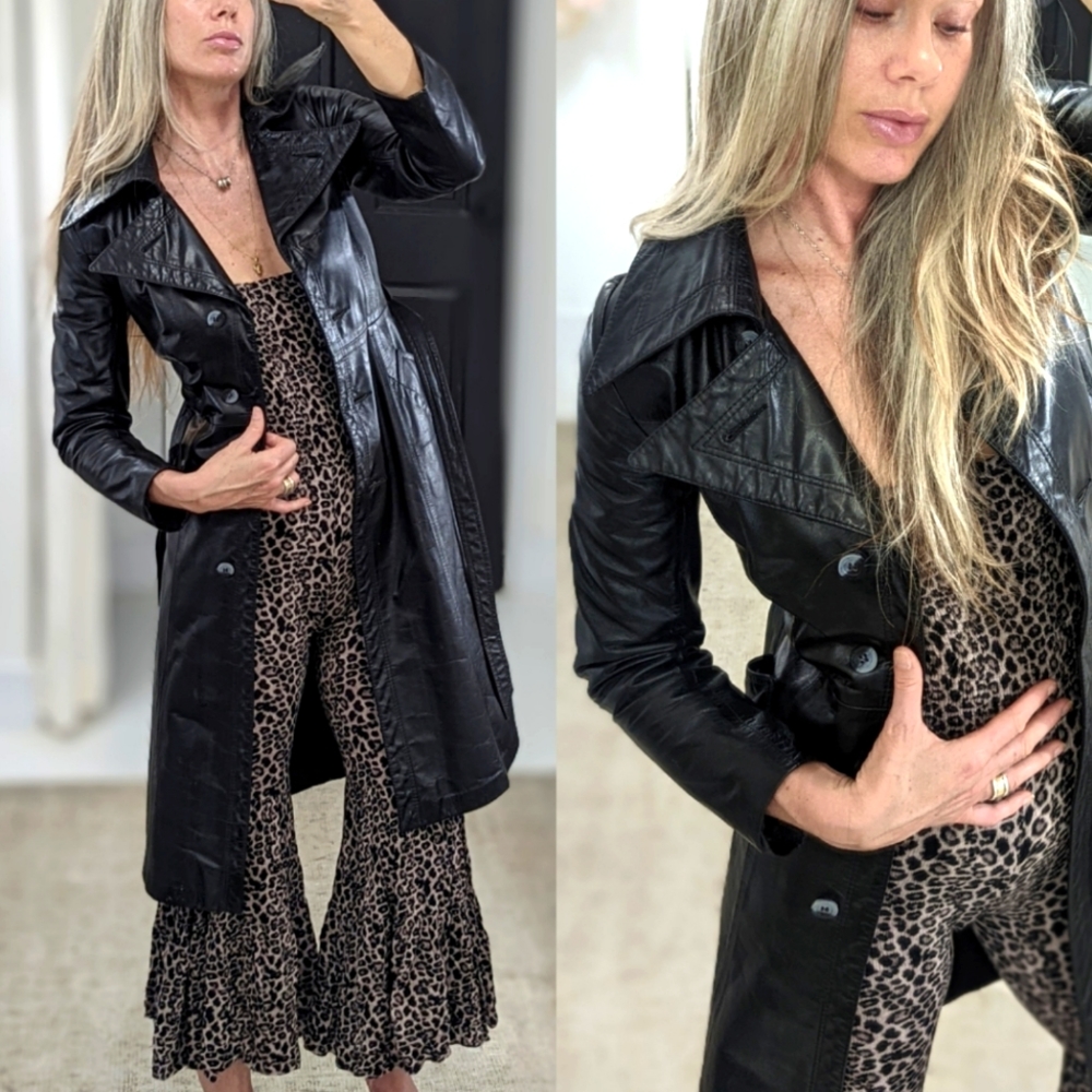 VINTAGE Black Leather Trench Coat